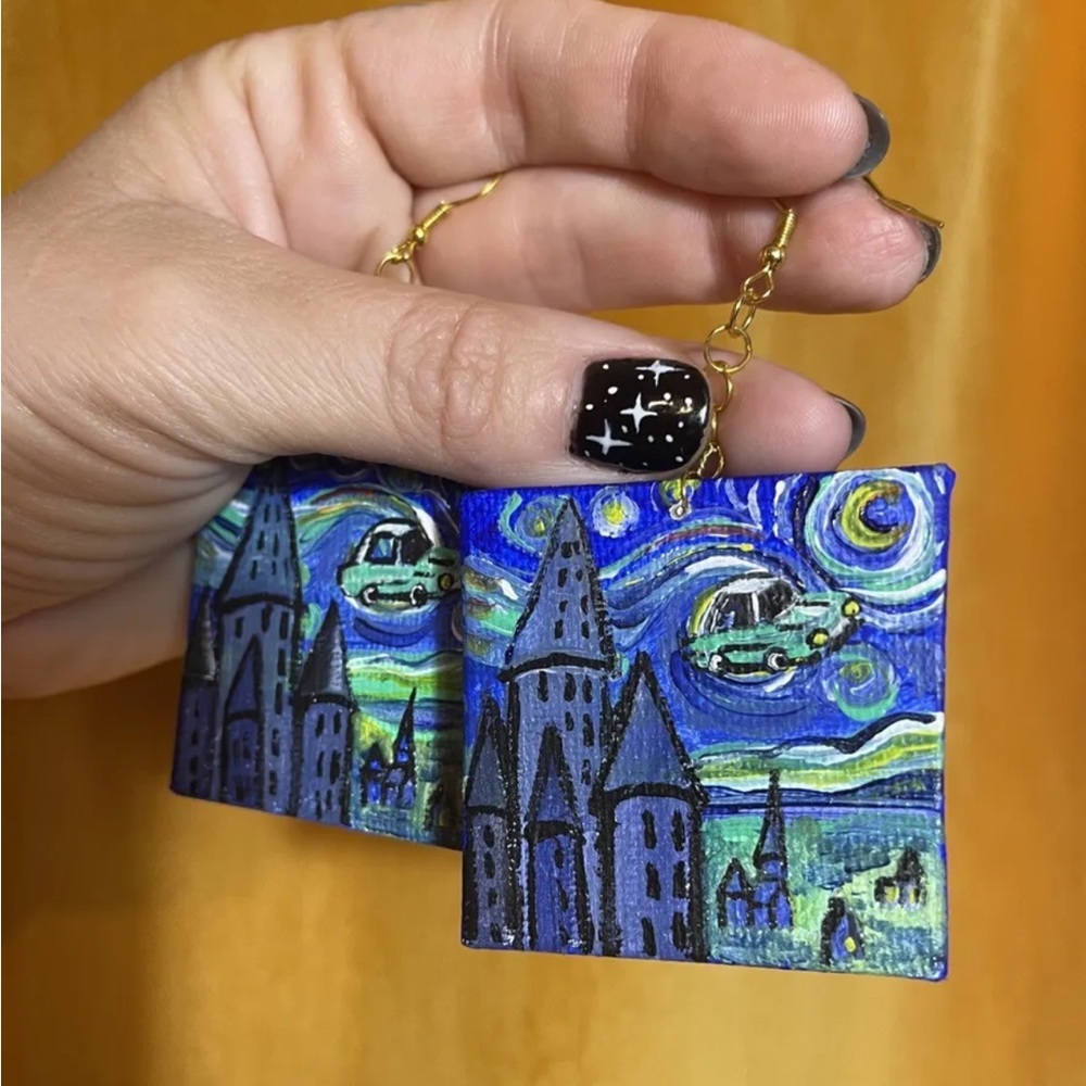 Harry Potter Starry Night Hogwarts Flying Car Fan Art Hand Painted Earrings